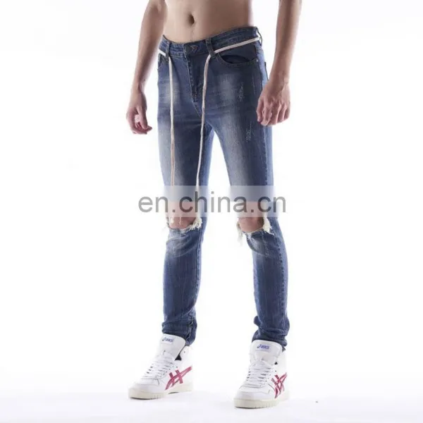 DiZNEW Custom Blue Stretchy Distressed Men Ripped Holes Biker Jeans photo-2