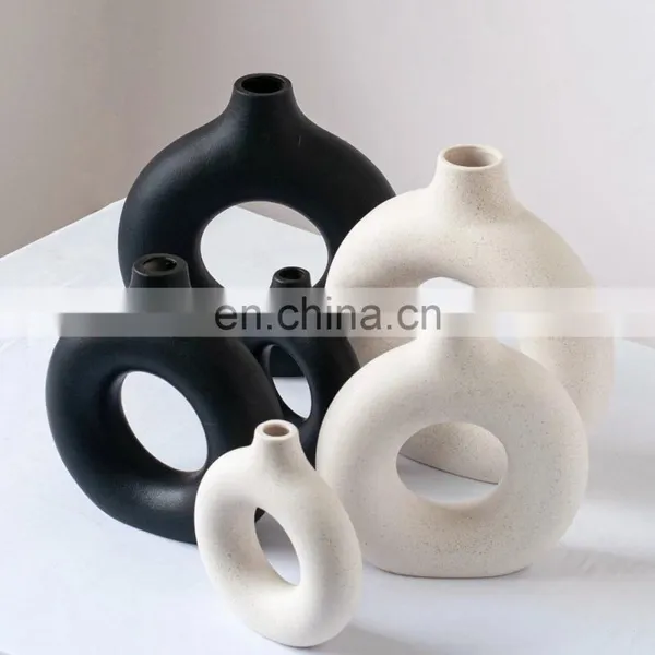 Black Circular Hollow Ceramic Vase Donuts Nordic Flower Pot Home Decoration Accessories Office Living Room Interior Decor photo-3