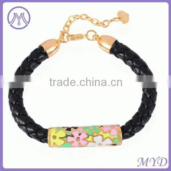 Red Leather Band With Fake Cloisonne Enamel Metal Clip Bracelet photo-4