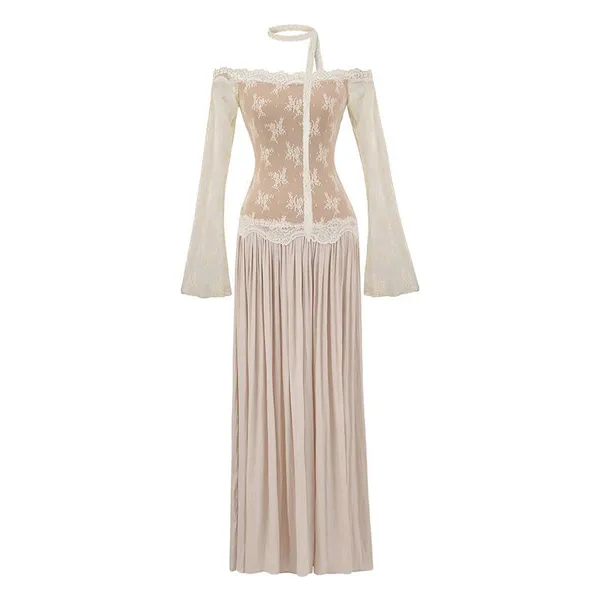 Pure Desire Style Off-shoulder Lace Patched Faux Two-piece Long Sleeve Dress, New Autumn Waist-cinching Slim and Elegant Long Dress photo-4