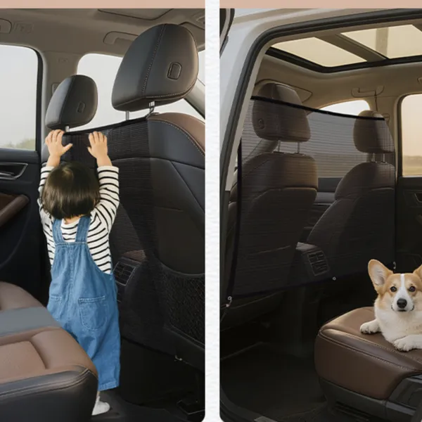 Car Back Seat Divider Net for Pet Safety - 900D Polyester, 2 Steel Hooks + 2 Elastic Straps, 120x40cm, 1-Year Warranty