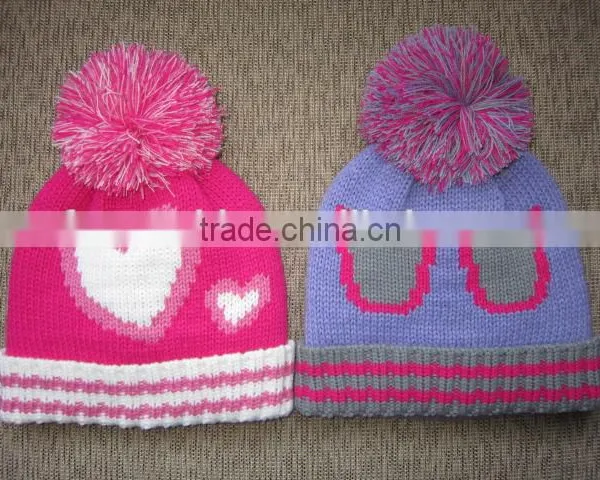 Custom Winter Knitted Jacquard Beanie Hat in Cute Cartoon Pattern With Big Pom and Hand Crochet Decoration for Girls and Ladies photo-2