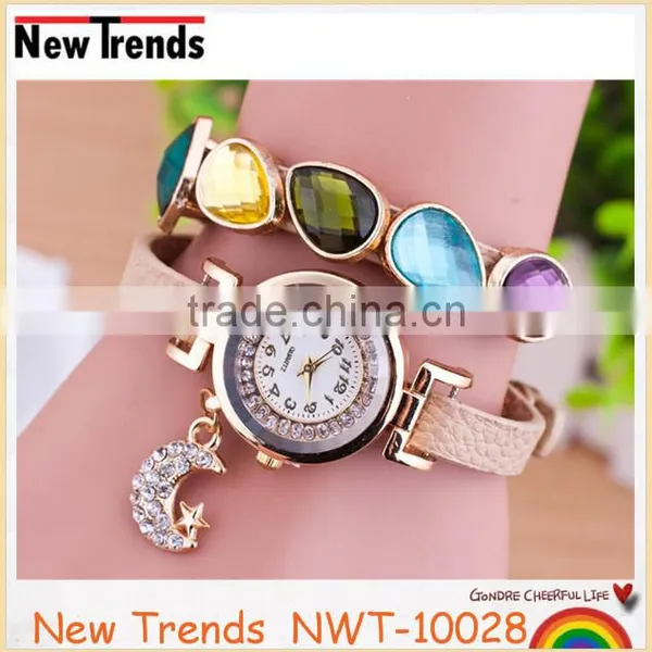 Best Seller Womens Fashion Moon Rhinestone Watches Wrap Leather Wristwatch photo-4