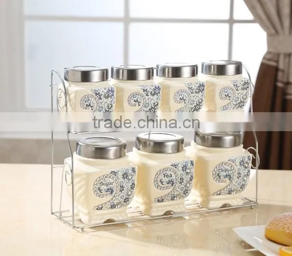 Ceramic Canister Set Stainless Metal Stand photo-2