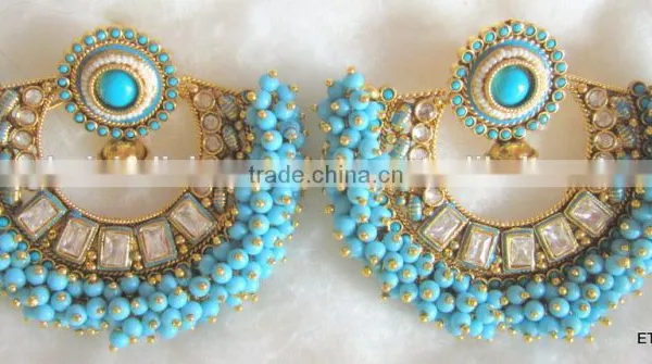 Anarkali Bollywood Beads Polki RAM LEELA Gold Tone Dangler EARRINGS photo-5