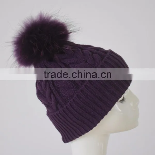 Myfur Raccoon Fur Pom Pom Knit Hat Winter Knit Hat With Top Ball photo-3