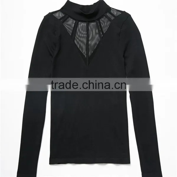 2017 OEM Super Stretchy Cool Sheer Cage Mock Neck Blouse Shopping photo-6