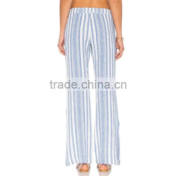 Cotton Blend Striped Drawstring Trousers Ladies Side Slit Lounge Pants photo-3