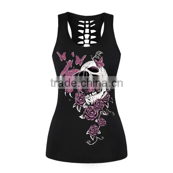 2017 Hot Selling Cheap Women Black Tank Top With Rose Skull Printed