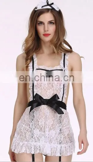 Women's Lace See Through Sexy Lingerie French Maid Uniform Apron Fancy Crothless Sexy Dress photo-3