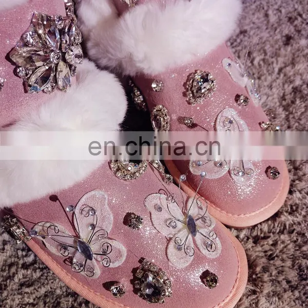 Aidocrystal Fashion Lady Shoes Warm Winter Pink Diy Rhinestone Butterfly Snow Boots for Women photo-4