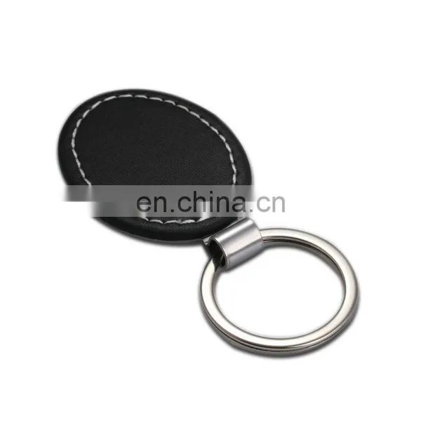 Oval Blank Tag Keychain Metal Black Leather Keyring for Making Logo photo-3