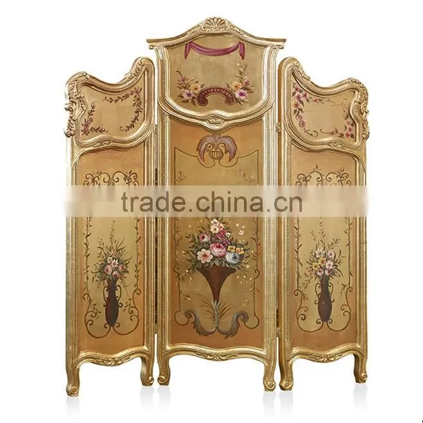 Elegant Gilt Wooden Floor Screen, Gold Painted Flower & Bird Four Panel Folding Screen, Curio Classic Furniture Decor Screen photo-6