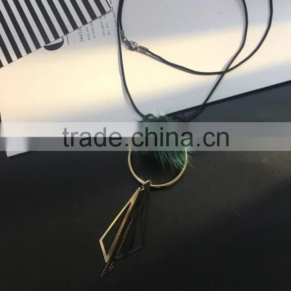 Mink Fur Ball Hoop Triangle Pendant Necklace Hot Selling Geometric Necklace photo-2