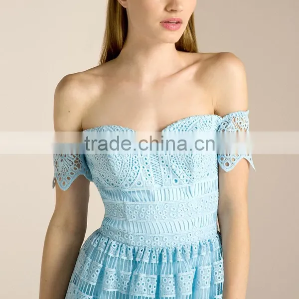 Crochet Chemical Lace Trim Sweetheart Neck off Shoulder Midi Party Dress photo-2