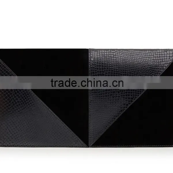 Black Patchwork Lizard Skin and Suede Leather Flat Envelope Hand Bag Clutch Bag Handbag for Women photo-5