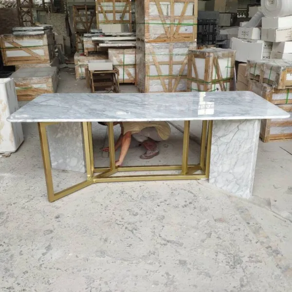 Modern Design Style Rectangular Shape Stone Marble Dining Table Tops Golden Stainless Steel Pedestal Base for Decoration photo-4