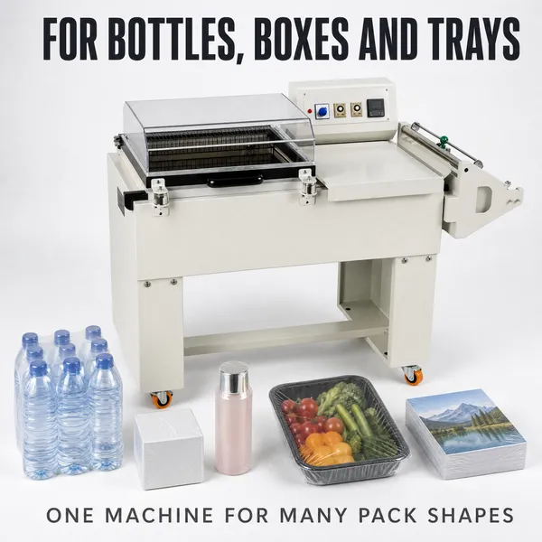 FM5540 2 in 1 Shrink Wrapping Machine 3.8KW POF PVC PP Film Packaging Machine for Beverage Gift and Hardware Packing Use