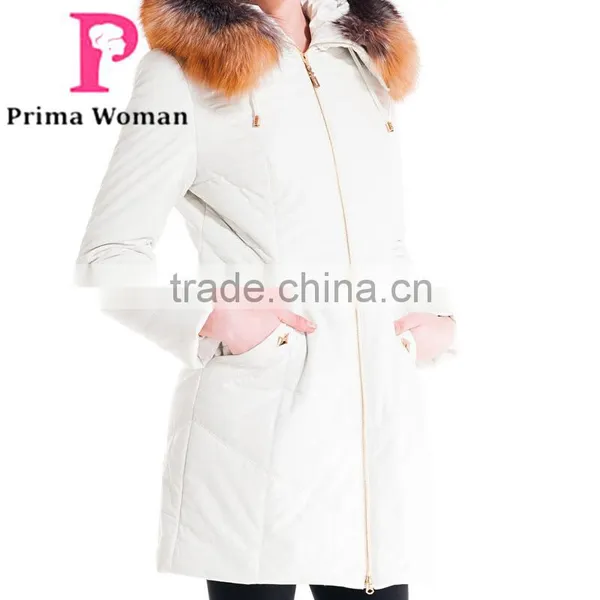 Winter Women Medium Length Slim Cut Coat With Brown Fox Hat Overcoat photo-6