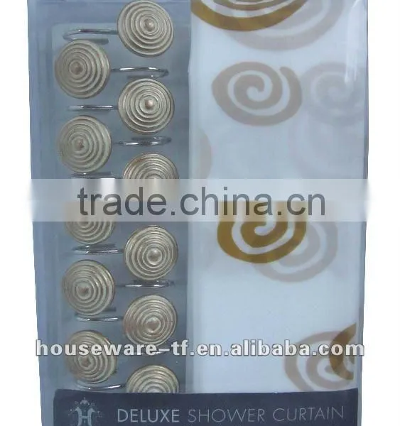 Classic Round Pattern Design Peva Shower Curtain With Resin Hooks
