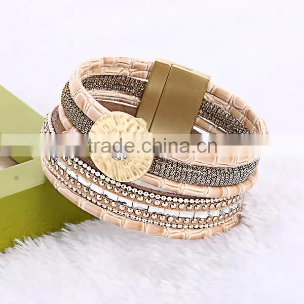 Bohemian Multilayer Rhinestone Crystal Magnetic Wide Velvet Leather Bracelet photo-2