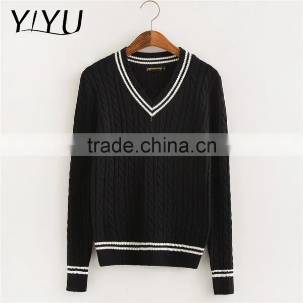 OEM Service Women White Stripes V-neck School Uniform Cable Knit Sweater photo-3