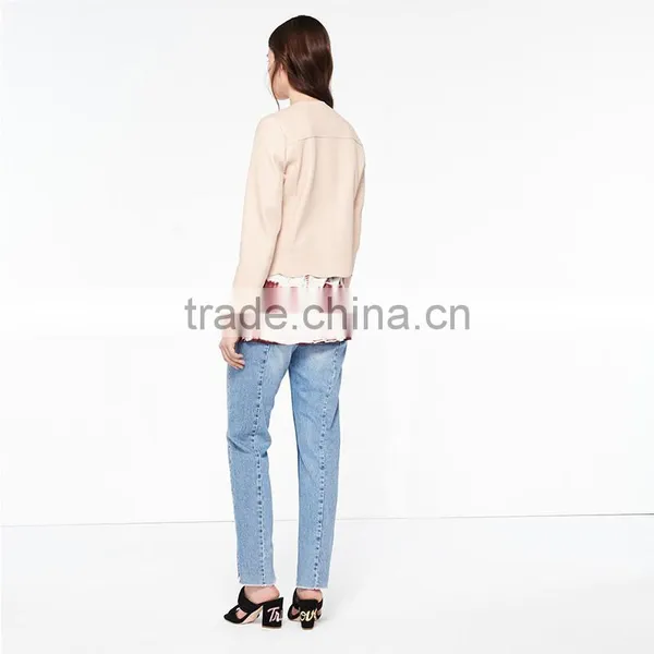2017 Newest Simple Style Round Neck Wavy Hem Short Leather Jacket Women photo-3