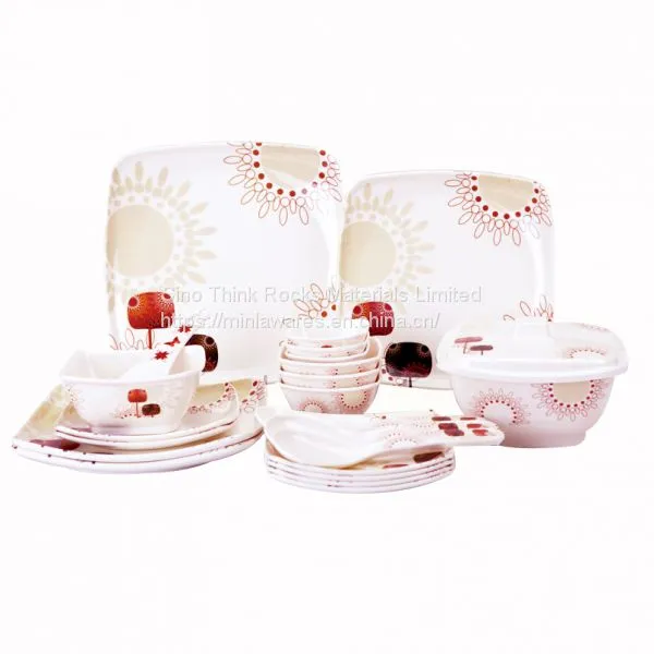 Wholesale Melamine Square Dish Plastic Plates and Cutlery Set Dinner Luxury Dinnerware Sets 47 Piece