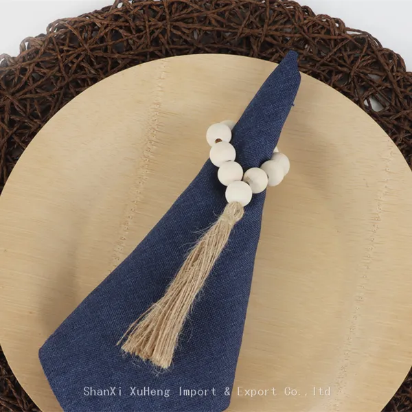 New Arrival Handmade Wood Beads Woven Natural Hemp Rope Tassel Napkin Rings photo-3