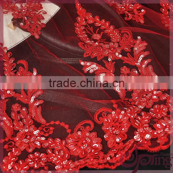 Red Floral Tulle Embroidery With Cord Lace,sparkle Beaded Sequin Lace Fabric for Wedding