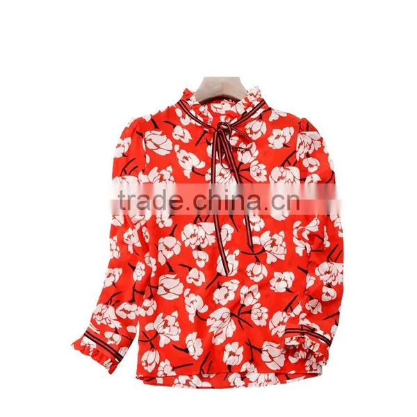 Wholesale Custom Long Sleeve Silk Blouse Printing Red Floral High-necked Daily Top for Ladies Summer Blouse photo-4
