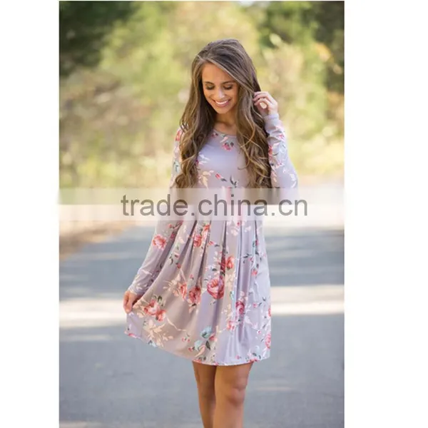 B40989A Fashion Print Flowers Dress Women Long Sleeve Crewneck Dress photo-5