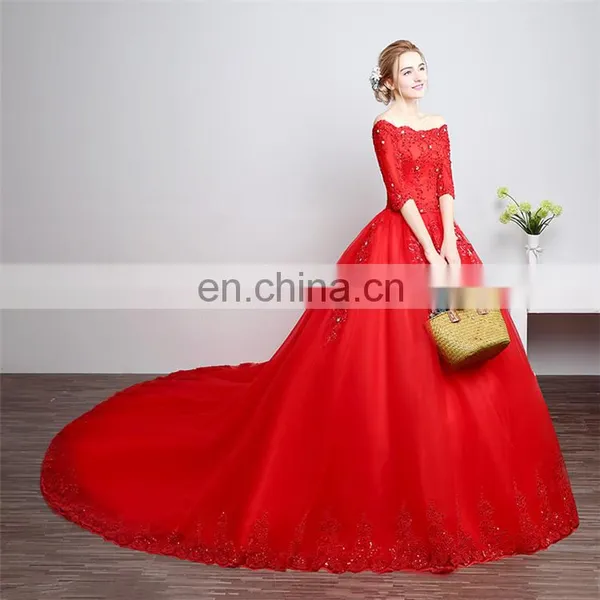 HS1608 Vintage Lace Ball Gown Train Red Wedding Dress photo-2