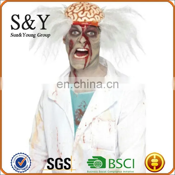 BSCI New Halloween Party Wig Mad Scientist Sliver White Wig With Exposed Bloody Brain