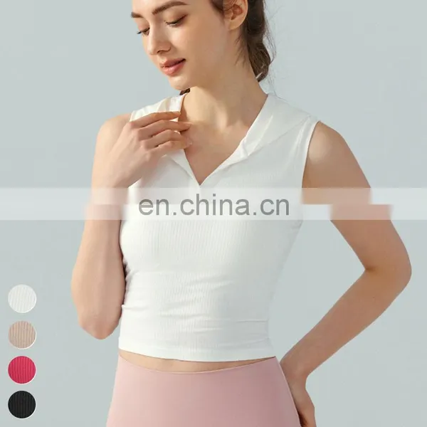 Wholesale Fitness Running Tank Top Hooded V Neck Slimming Fixed Pad Vest Sport Sleeveless Short T Shirt Ribbed Yoga Tops Women photo-4