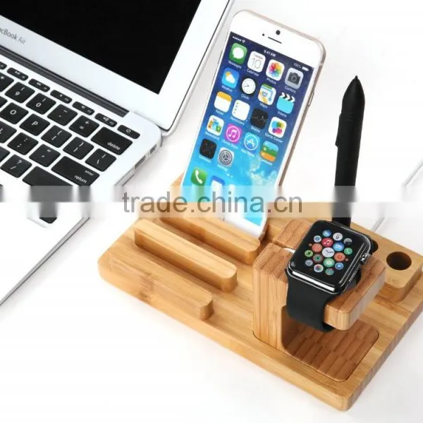 Keno Bamboo Dual Charging Stand Cradle With Pen Holder for Apple Watch, for IPhone for IPad photo-2