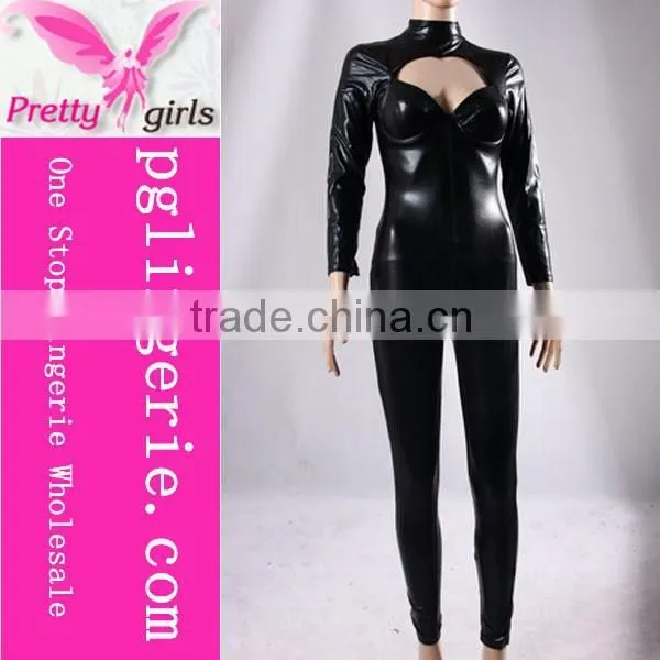 Woman Black Sexy Faux Leather Lingerie Clubwear Jumpsuit Catsuit Halloween Costume Set photo-3