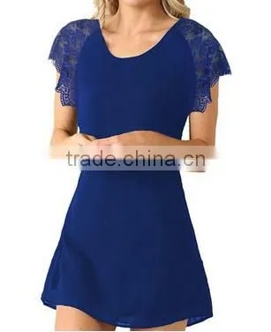 Women's Casual Backless Chiffon Lace O Neck Short Sleeve Summer Dress photo-3