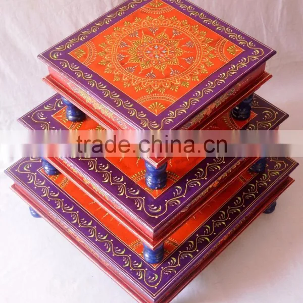 Indian Handcrafted Painted Wooden Chowki Set Of 3 photo-4