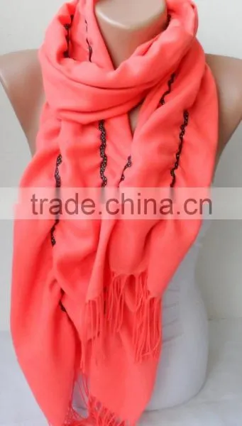 Ruffle Pashmina Scarf.Coral Scarf Ruffled Scarf Frilly Scarf Orangescarf Elegancescarf Pashmina Shawls Fashion Gifts photo-2