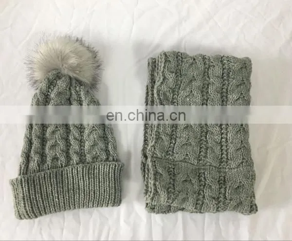 Newest Women's Fashion Winter Pur Colour Acrylic Knitted Scarf Hat Set With Ball on Hat photo-6