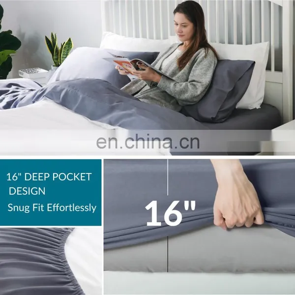 2020 Wholselar Luxury Online 100% Organic Bamboo Fabric Plain Queen Bed Sheet Bedding Set With Pillow Cover photo-6