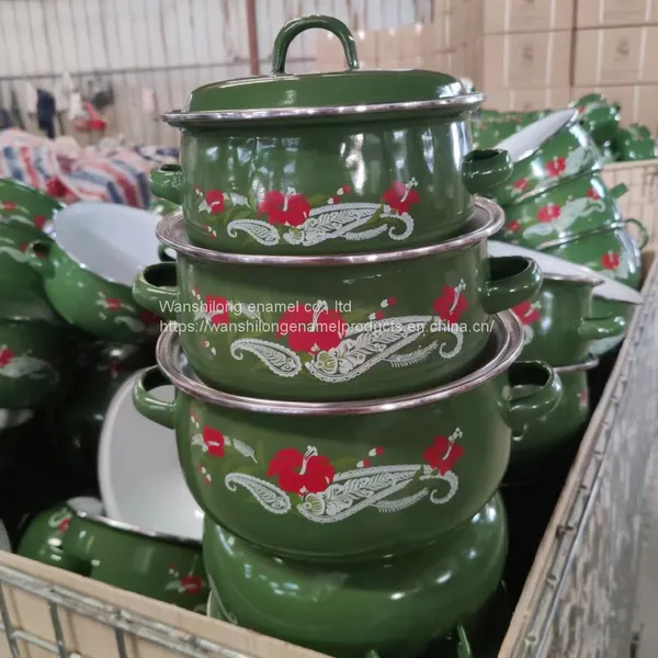Green Decal Enamel Cookware Pot 5 Pcs Enamel Casserole Set Double Handle Stock Belly Pot With Lid photo-4