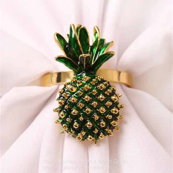 Green And Gold Colored Pineapple Metal Napkin Ring With Diamond Wholesale photo-2