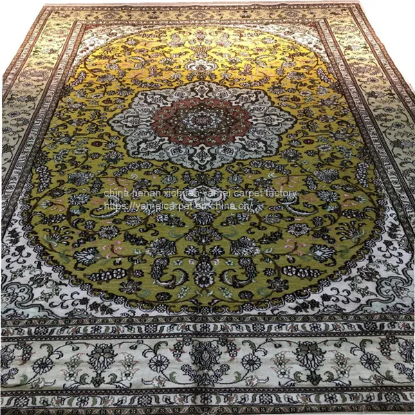 6'x9' Handmade Golden Silk Persian Carpet and Rug for Sitting Room and Bedroom