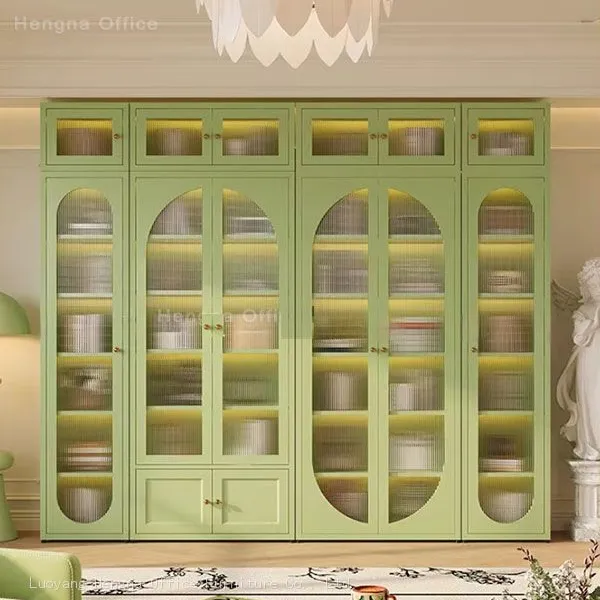 High-End Creamy White Display Cabinet for Luxury Living Room Furniture, Modern Arched Metal Bookcase With Fluted Glass Doors-OEM/ODM photo-4
