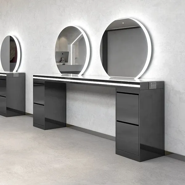 Luxury Modern Full Length Stainless Steel Hair Beauty Spa Salon Furniture Hairdressing Equipment Barber Station Mirror Led Table