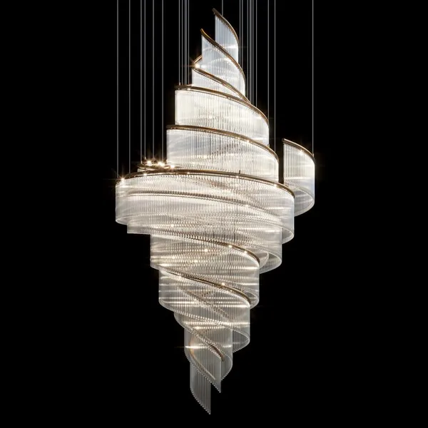 Spiral Staircase Crystal Chandelier Gold Frame Large Custom Hotel Installation photo-4