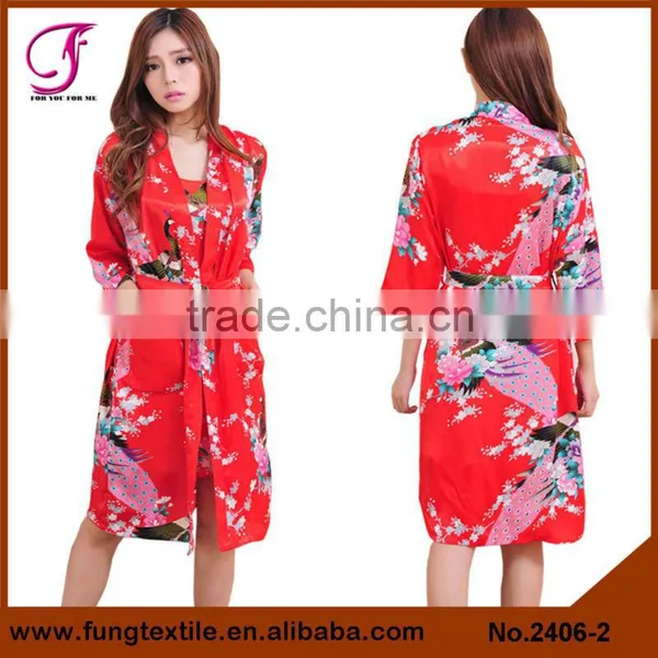2406 Women Peacock Pattern Two-piece Set Satin Bath Robe photo-3