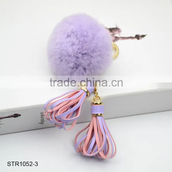 New Leather Tassel Fur Keychain Real Rabbit Fur Pom Pom Key Chain photo-3